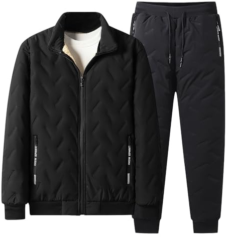 Jamron Mens Winter Warm Quilted Fleece Lined Tracksuit Set Full Zip Fleece Jacket and Sweatpants with Zip Pockets Black M