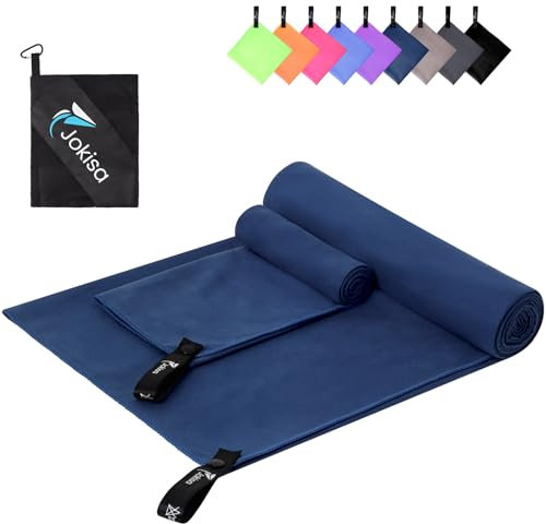 Jokisa Mikrofaser Handtuch 2er Set, 180X90cm Strandtuch Mikrofaser + 80X40cm Sporthandtuch, Schnelltrocknendes & Sandfrei Handtücher für Outdoor Sauna Strand Trekking (Marineblau)