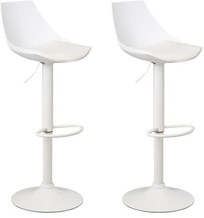 LOLAhome Set de 2 Taburetes Altos Cocina Giratorios en 360°, Juego de Sillas de Bar Regulables en Altura de 83 a 104 cm, con Respaldo,Material Polipiel, Estructura Metal Blanca y Reposapiés, Blancos