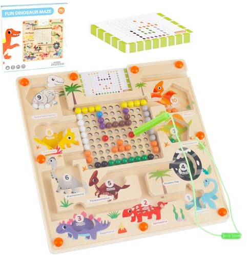 Magnetic Colour and Number Maze, Magnetic Wooden Maze Board Counting Sorting Matching Games, Educational Learning Dinosaur Magnetic Labyrinth Toy for Kids Toddlers Age 3-6