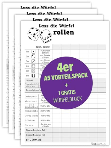 Confezione vantaggiosa 4 blocchi di dadi di ricambio + 1 blocco di dadi gratuito, A5, carta di qualità, antiperforazione, Made in Germany, stampa ecologica