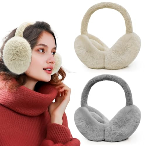 XIANGLONGY 2 calentadores de orejas de felpa para mujer, plegables, mullidos, cálidos, color gris y beige, cómodas y suaves, para adultos, invierno, equitación, cálidos, para hombre y mujer