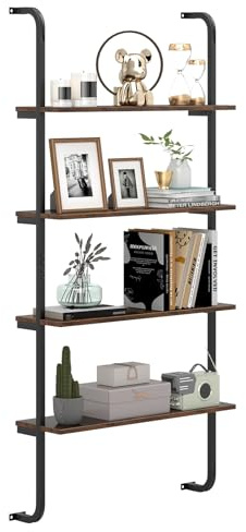 GIANTEX Librería de Pared 4 Niveles, Estantería Escalera de Madera y Marco de Metal, 70 x 20,5 x 150 cm, Cada Estante Carga hasta 20 kg, Estantería para Salón, Estudio, Dormitorio (Marrón Rústico)