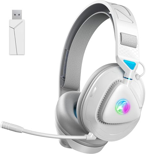 Awinnasey PH3 Wireless Gaming Headset für PS5, PS4, Switch, PC, Mac, Bluetooth Kopfhörer mit Abnehmbarem Mikrofon, Leichtes Bluetooth Headset mit RGB Licht, 50 Stunden Akku, Weiß Blau