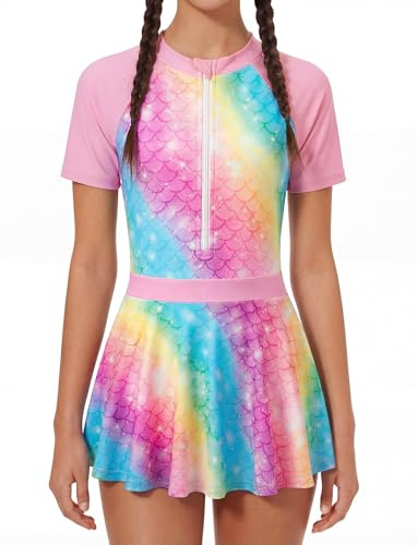 JiAmy Girls Skirted One Piece Swimsuit 6-7 Years, Colorful, Fish Scale