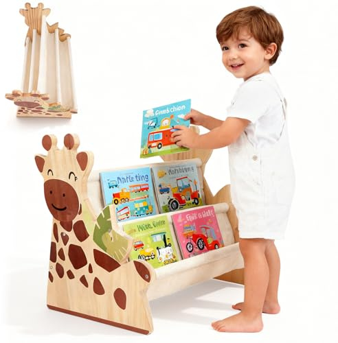 Bücherregal Kinder, Montessori Kinder Buchständer aus Holz mit 4 Ablagen, Kinderregal für Buchaufbewahrung Babyzimmer Spielzimmer Klassenzimmer oder Schlafzimmer Bücherregal Aufbewahrungsorganizer (1)