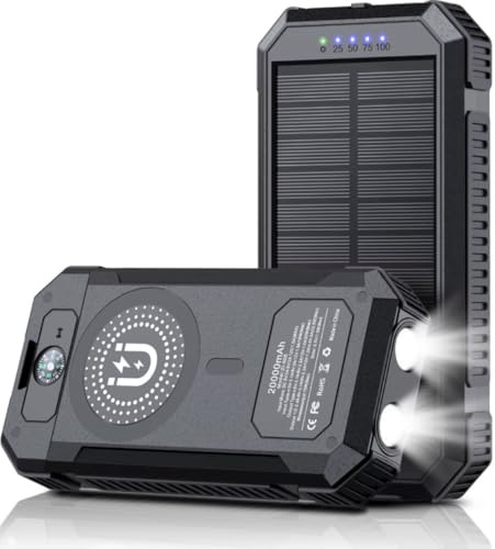 Power Bank Solar 20000mAh con Carga Inalámbrica – Batería Externa Impermeable con Panel Solar, Carga Rápida USB y USB-C, Linterna y Brújula – Cargador Portátil para iPhone, Samsung – QuickPrep
