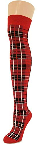 Ladies Over The Knee Longer Length Back To School Thigh High Boot Socks Girls (Red Tartan)