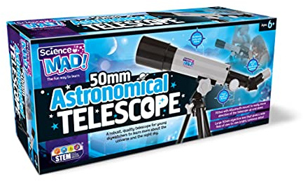 Science Mad - 50mm Astronomical Telescope For Kids - Learn Astronomy and the Universe With Fun - Features Portable, 50mm Lens, Tripod and Mount, 18x and 90x Magnification, 6+ Years