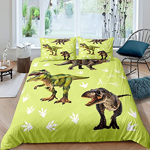 Loussiesd Dinosaurie påslakanset 3D dinosaurie sängkläder set enkel botanisk djur tema dino tryck sängar set för barn tonåringar pojkar sovrum dekor gröna dinosaurier