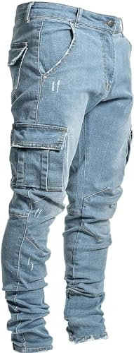Jeans pour Homme Pantalon Denim Slim Fit Jean Vetement De Survêtement Jeans Coton Denim de Couleur Pantalon de Travail Hip-hop délavé Vintage Bleu L