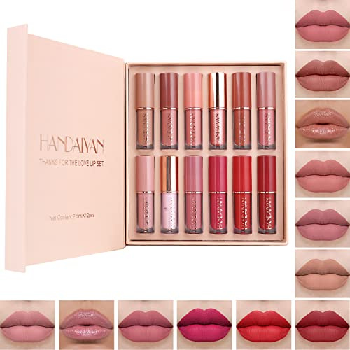 Rihsay 12 Colores Labiales Mate Larga Duracion Pintalabios Permanente Brillo de Labios Líquido Barra de Labios Hidratante Gloss Labios Set Maquillaje para Mujer Regalo Cumpleaños San Valentín