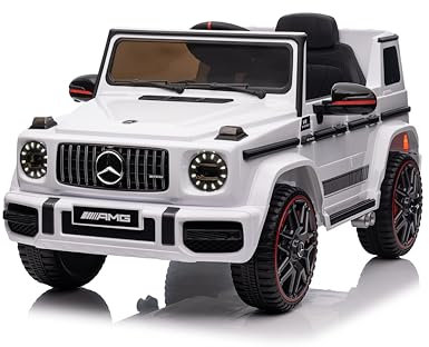 FINOOS Mercedes G63 AMG Elektroauto für Kinder, 12 V, elektrische Kinder elektroauto mit Fernbedienung, 2 + 1 Geschwindigkeitsstufen, Hupe, LED, Musik, USB (Weiß)