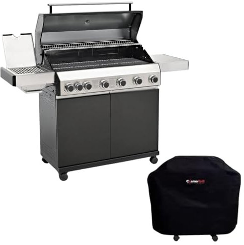 CosmoGrill Premium Black 7 Gas Burner 6+1 Barbecue Grill with Waterproof Cover, Stainless Steel Ceramic Searer, Built-in Temperature Gauge for Home Garden Party Outdoor BBQ Cooking