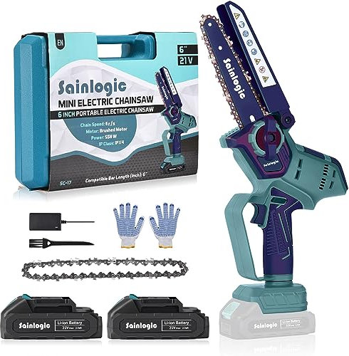 Sainlogic Mini Motosierra Bateria 6 Pulgadas, 2x2000 mAh Baterías, Motosierra Eléctrica Inalámbricas con Cerradura de Seguridad, Eléctrica Motosierra de Mano Pequeñas Sierra Podar (Azul marino)