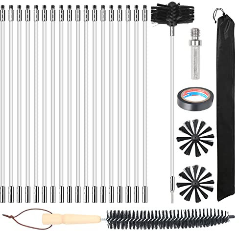 MaxEarn 24 STK Kaminbürste Stange Set mit 18 Flexible Stangen 410 mm+ 2 Bürstenköpfen 100mm + 1 Lange Holzbürste + Zubehör, Schornstein Reinigungsbürsten Kit für Kamin/Abwasserrohr/Trockner Vent