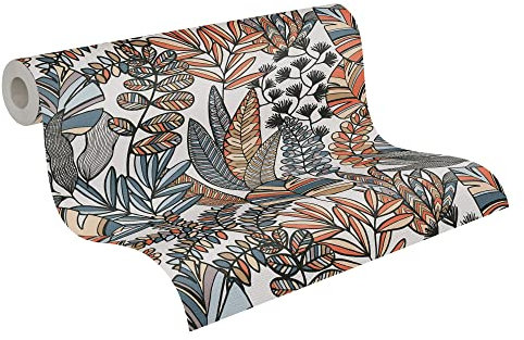 A.S. Création Tapete Floral Weiß Schwarz Orange Blau Antigua 390952 - Pflanzen Tapete Vliestapete - 10,05 m x 0,53 m Made in Germany