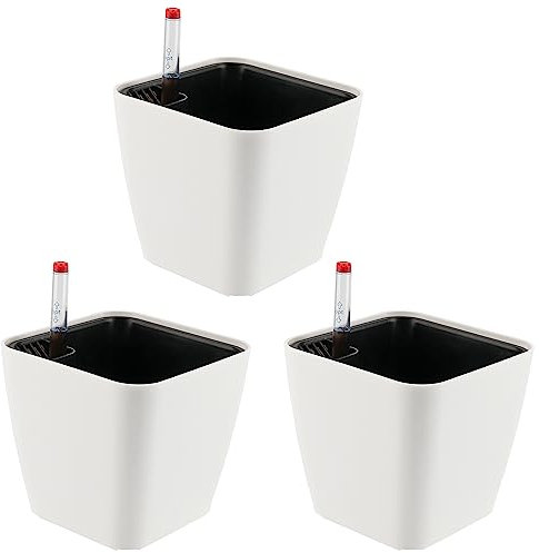 CHEUKYIU 3er-Set 14cm Plastik Selbstbewässerung Blumentopf mit Wasseranzeiger Eckig Selbstbewässerungstopf Kräuter Pflanzentopf Selbstbewässerung für Innen und Außenbereich Weiß