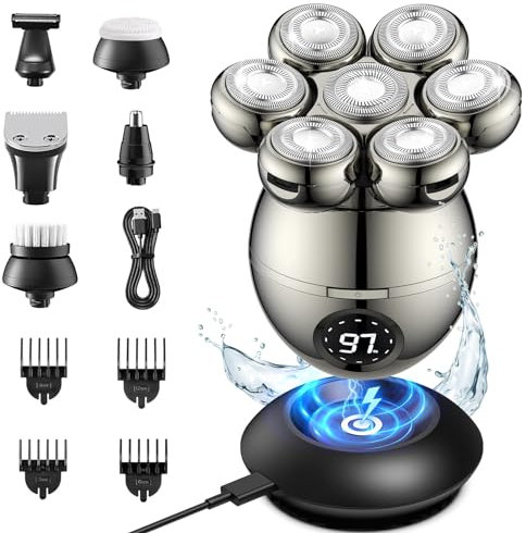 ETENTOUS Head Shavers for Bald Men 2025 Upgraded 6-in-1 Head Shaver IPX7 Waterproof Wet/Dry Electric Razor Rechargeable Mens Electric Shaver with Type-C Charge 90 Mins Longer Using Time