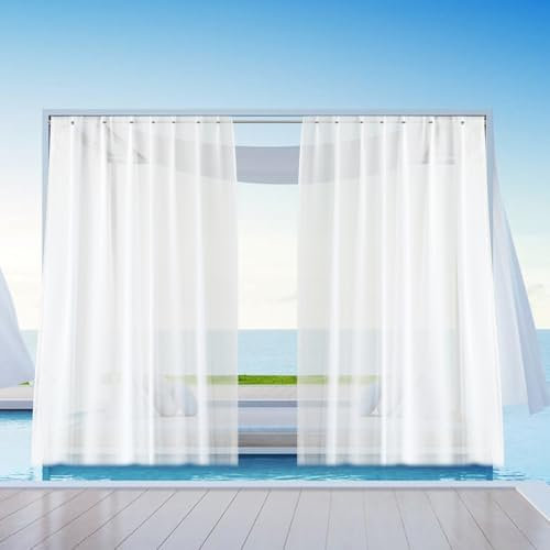 Cortina Exterior Impermeable, 2 Piezas Cortinas De Exterior, 213x132 cm Transparentes Visillo Blanco, Cortina Impermeable Con Anillos, Cortina Exterior Terraza para Patio, Porche, Pérgola, Balcón