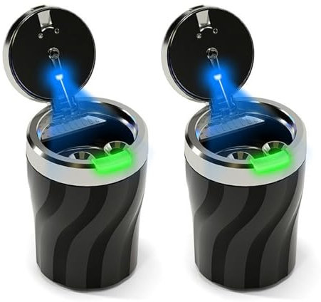 Geoyien Aschenbecher Auto, 2 Stücke Auto Aschenbecher mit Deckel, Automatisches LED Licht, Versiegelt, Geruchsdicht, Flammhemmend, Abnehmbar, Draussen, Großem Fassungsvermögen