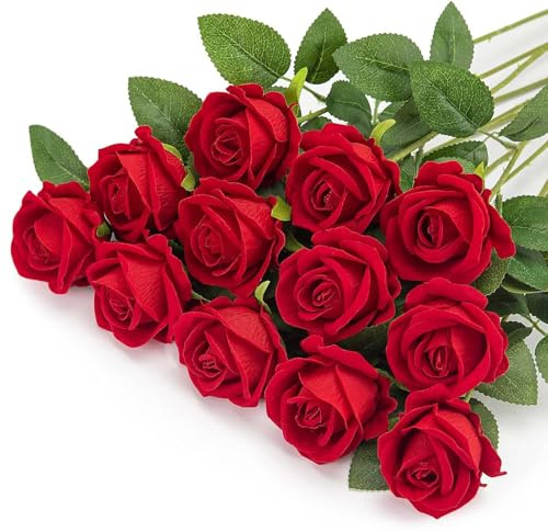 XoeLLe 12 stycken falska blommor för dekoration, 52 cm konstgjorda blommor för utomhusbruk, konstgjorda blommor, blommor för bröllopsfavoriter, blombukett med långa stjälkar (glänsande röd)