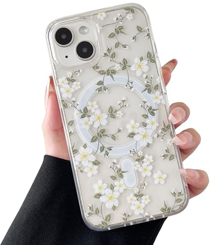 ZTOFERA Magnetiskt fodral för iPhone 15, estetiskt blommönster, sött, fallskydd, skyddande hårt telefonskydd, Stor vit blomma