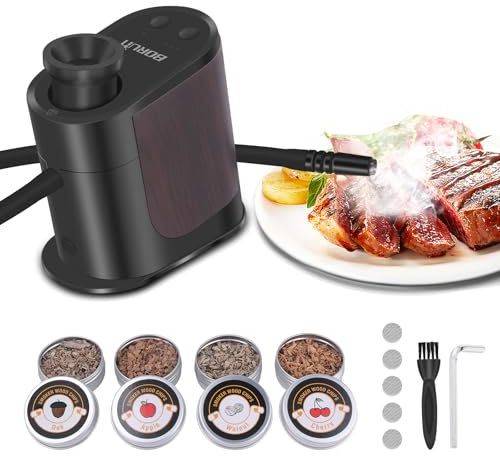 BORUiT BQ500 Pistolet à fumée portable, Générateur de fumée, Enfumoir, Infuseur de fumée avec 4 paquets de bois, pour la cuisine, Boissons, Viande, Sauçons, Cocktails, Fromage, Barbecue