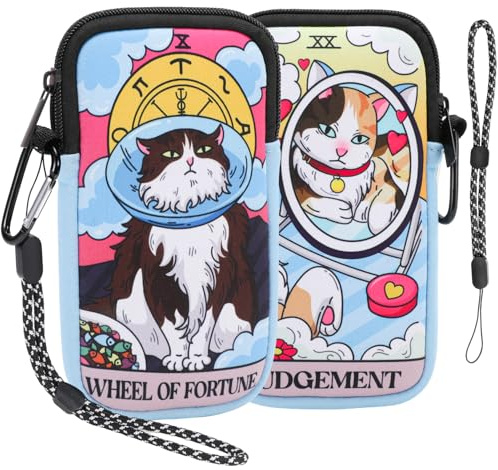 Tarot Cat Phone Sock, Waterproof Neoprene Phone Pouch with Crossbody Strap, Universal Shock & Impact Resistant Bag for Smartphone, Compact Sleeve Case fit to 7 for Travel Hiking, Gift for Men Women