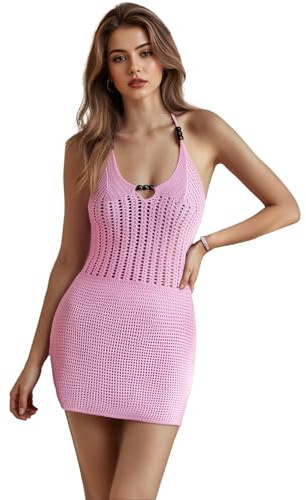 Loalirando Robe de Plage Crochetée, Col Halter, Mini-Robe Tricotée Col Deep V Dos Nu Sexy Tendance