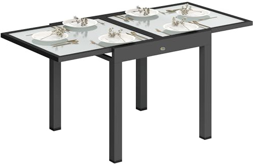 Outsunny Table Extensible de Jardin Grande Taille dim. dépliées 160 x 80 x 75 cm foncé Plateau Verre trempé Transparent Aluminium Gris