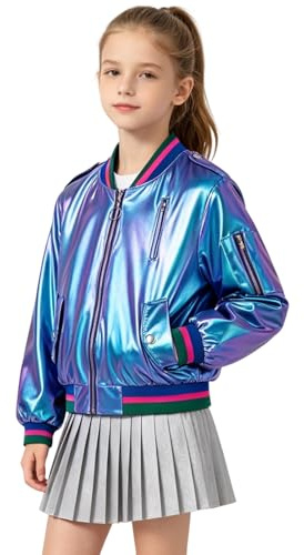 LOLANTA Girls Metallic Bomber Jacket, Sparkly Shiny Cropped Coat with Pockets, Lightweight Party Dance Jakcet for Kids 4-12 Years