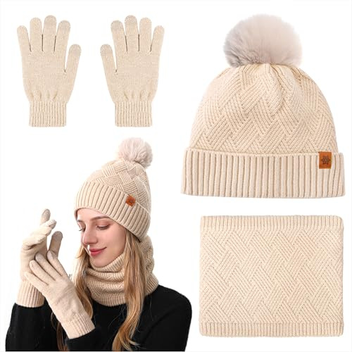 Set de Bufanda Gorro y Guantes para Mujer 3 Piezas Invierno Gorro de Punto Termicos Guantes Tactiles Bufanda Conjunto con Forro Polar Invierno Regalos para Navidad, Beige