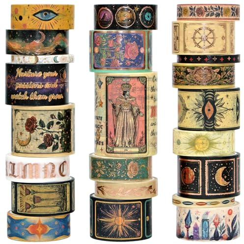 Gold Foil Washi Tape Set – 23 Rolls Tarot Washi Stickers Vintage Decorative Tapes for Journaling Supplies, Scrapbooking, DIY Crafts, Junk Journal, Craft Supplies, Cards (Celestial Symbols/ Starry/ Mag
