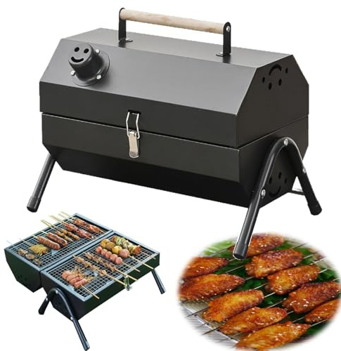 Barbecue au charbon de bois portable, mini barbecue au charbon de bois multifonctionnel, petit barbecue de table for la cuisine intérieure et extérieure, fête à la maison, pique-nique, camping(Black)