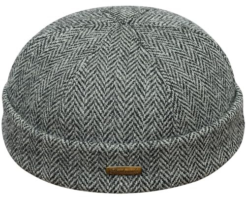 Sterkowski Docker Mütze | Harris Tweed Beanie Kappe für Herren und Frauen | Leon der Profi Cap, Fahrrad Mütze, Kapitänsmütze, Wintermütze Schwarz/Grau 57 cm