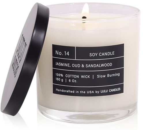 Lulu Candles | Jasmine, Oud & Sandalwood | Luxury Scented Soy Jar Candle | Hand Poured in The USA | Highly Scented Long Lasting (6 Oz.)