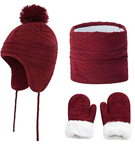 JFAN Motif Vague De Diamant Chapeau pour Enfants avec éCharpe et Gants - Ensemble D'hiver Chaud De 3 Pièces - Rouge L