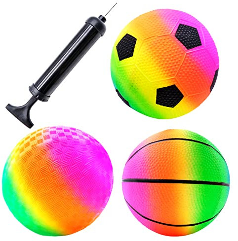 Regenbogenbällen Inflation Strandbälle PVC Bouncy Kickball Flap Ball mit Pumpe, 3 pcs Weiche Bälle, Fußball, Basketball, Regenbogen Sportbälle für Indoor Outdoor
