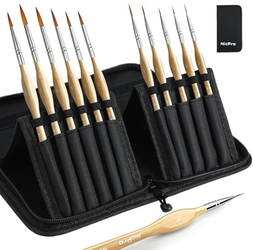 Nicpro 11 Pièces Pinceaux Miniatures, Pinceau Professionnels à Pointe Fine, Pinceaux de Détail d'artiste pour Aquarelle, Huile, Acrylique, Artisanat, Modèles, Peinture par Numéro avec Support Nylon
