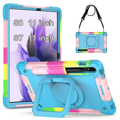 KATUMO Kid Shockproof Case for Samsung Galaxy Tab S8/S7 11 inch Case shock proof and break proof Protective Cover (360°Rotatable Stand & Detachable Adjustable Shoulder Strap & Pencil Holder ）