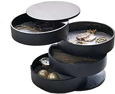 kamuavni Boîte à bijoux ronde pour femme, boîte de rangement à bijoux rotative à 4 couches avec couvercle pour bagues, boucles d'oreilles, bracelets, noir