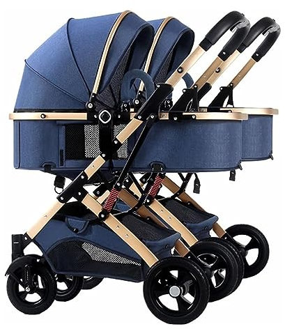 WIGSELBL Zwillings-Kinderwagen, Doppel-Kinderwagen, Kleinkind-Kinderwagen for Zwillinge nebeneinander, Faltbarer Doppelsitz-Tandem-Kinderwagen, wendbar, leicht zusammenklappbar (Color : Blauw)
