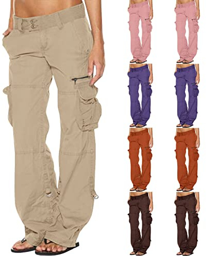 SMIDOW Pantaloni cargo a vita bassa da donna, taglia grande, larghi, elasticizzati, a gamba larga, con tasche, stile Y2K, streetwear, militari, XS