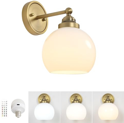 HEQIQEH Vintage Rechargeable Battery Operated Wall Sconce with Milky White Globe Glass Shade, Dimmable Cordless Wall Mounted Lamp with Remote Control for Indoor Bedroom Vanity Bathroom
