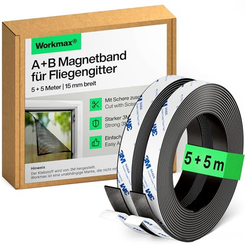 WORKMAX® A+B Magnetic Tape for Fly Screens & Mosquito Nets - Self-Adhesive Magnetic Strips with Strong Mutual Attraction - Magnet Tape with Counterpart & Strong Adhesive (5+5 m)