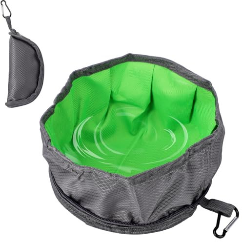 Mayoii Portable Dog Bowl Reißverschluss Wasserdicht Nylon Faltbarer Hundenapf 19CM Großkaliber Tuch Hundenapf Faltbar Mit Berg Steig Schnalle für Hunde Haustiere Outdoor Reisen (Grau und Grün)