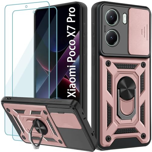 Yohii Handyhülle für Xiaomi Poco X7 Pro 5G Hülle mit 2 Stück Schutzfolie, Kameraschutz Case mit 360 Grad Ring Ständer Stoßfest Kratzfest Tough Armor Schutzhülle, Roségold