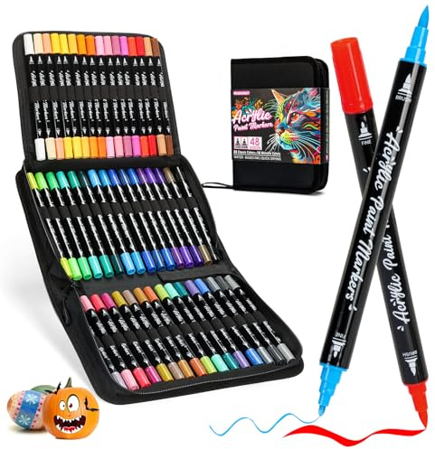 realcolor Acrylstifte für Steine Wasserfest 48 Farben 1-6mm Dual Tip (feine Spitze und Pinsel) Acrylmarker für Rock Painting, Glas, Kürbis,Papier, Holz, Ei, Leinwand, Keramik, Stoff, DIY Crafts