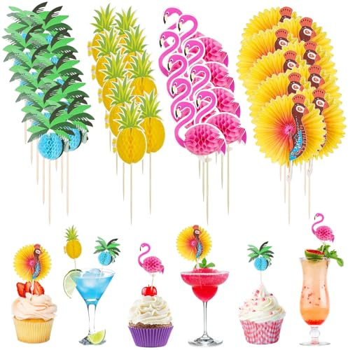 YEAMLTE Verano Cocktail Fruta Decoraciones, 100 PCS Decoración de Cocteles, Cocktail Decoraciones con Flamenco 3D, Piña, Pavo Real y Cocotero para Fiestas en la Playa y Cumpleaños de Verano